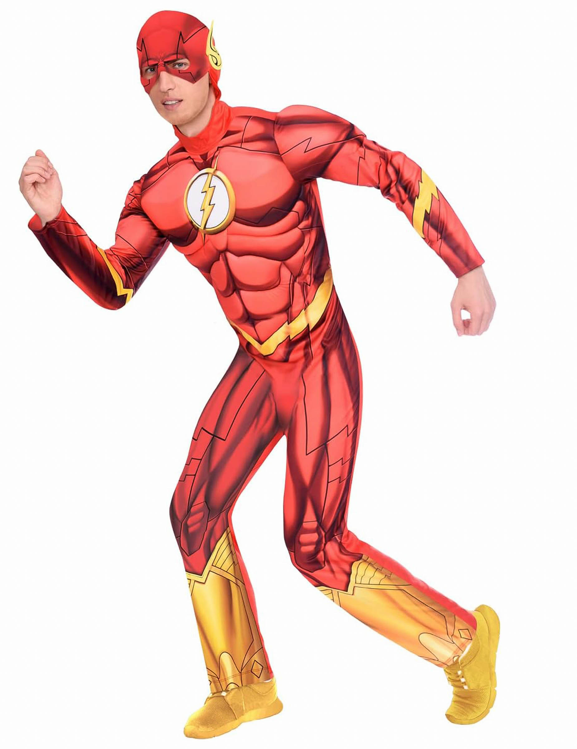 Flash Kostüm für Erwachsene Overall mit Kopfbedeckung rot-gelb-gold