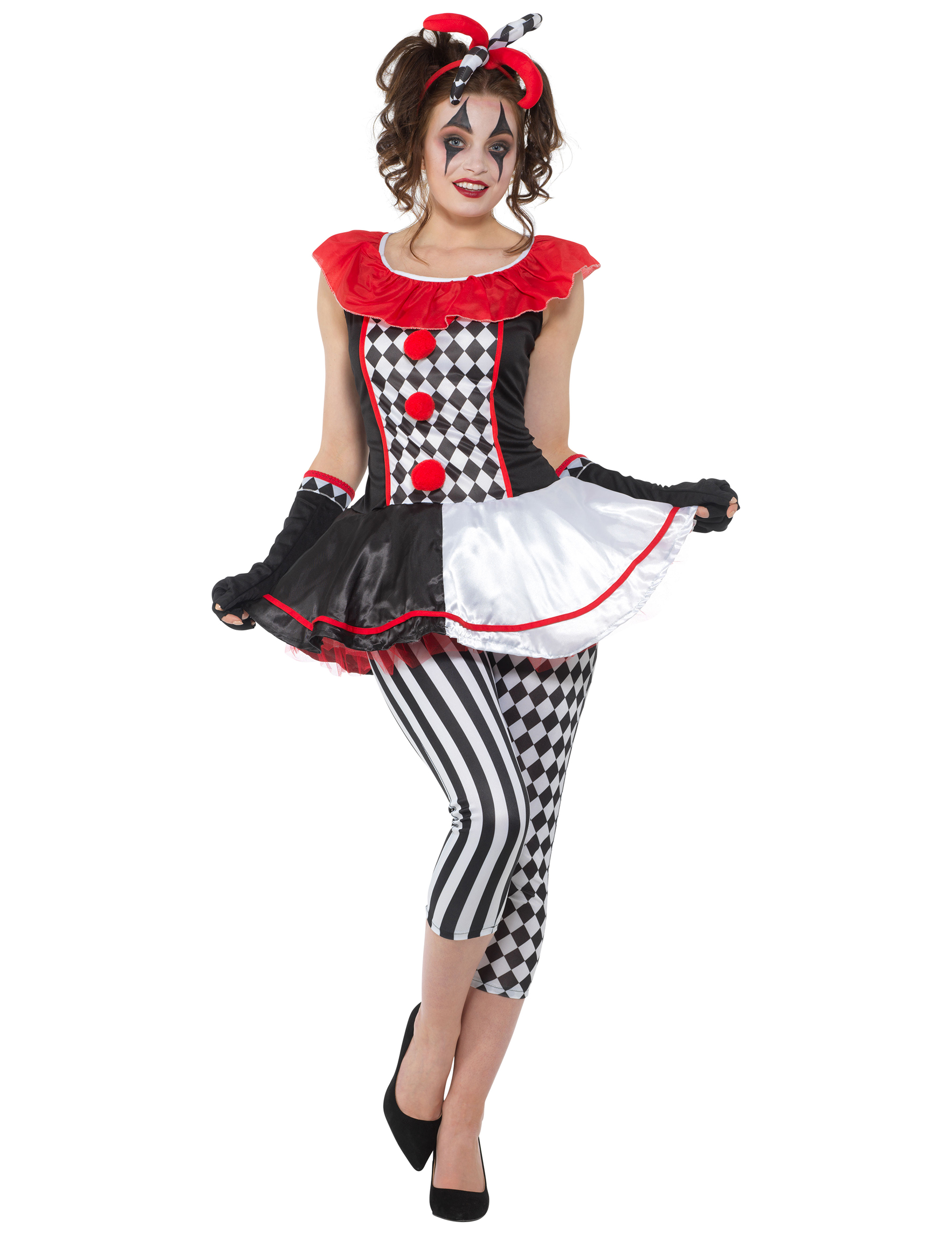 Harlekin-Damenkostüm Karnevalskostüm schwarz-weiß-rot