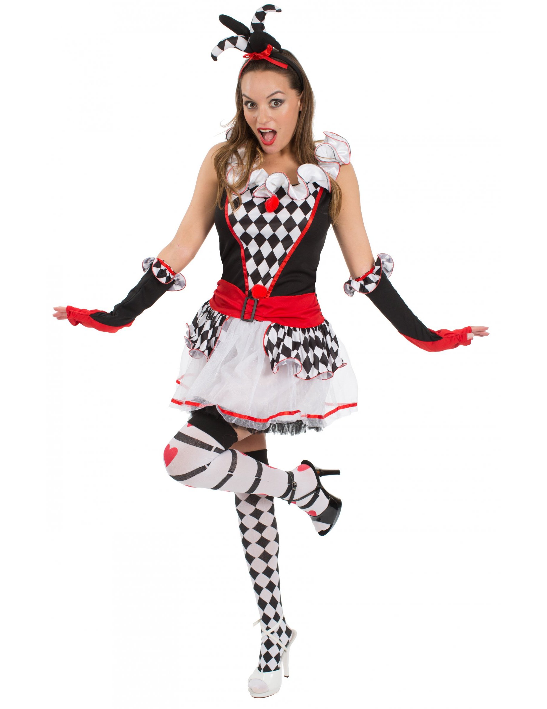 Harlekin-Damenkostüm Schachbrett schwarz-weiss-rot
