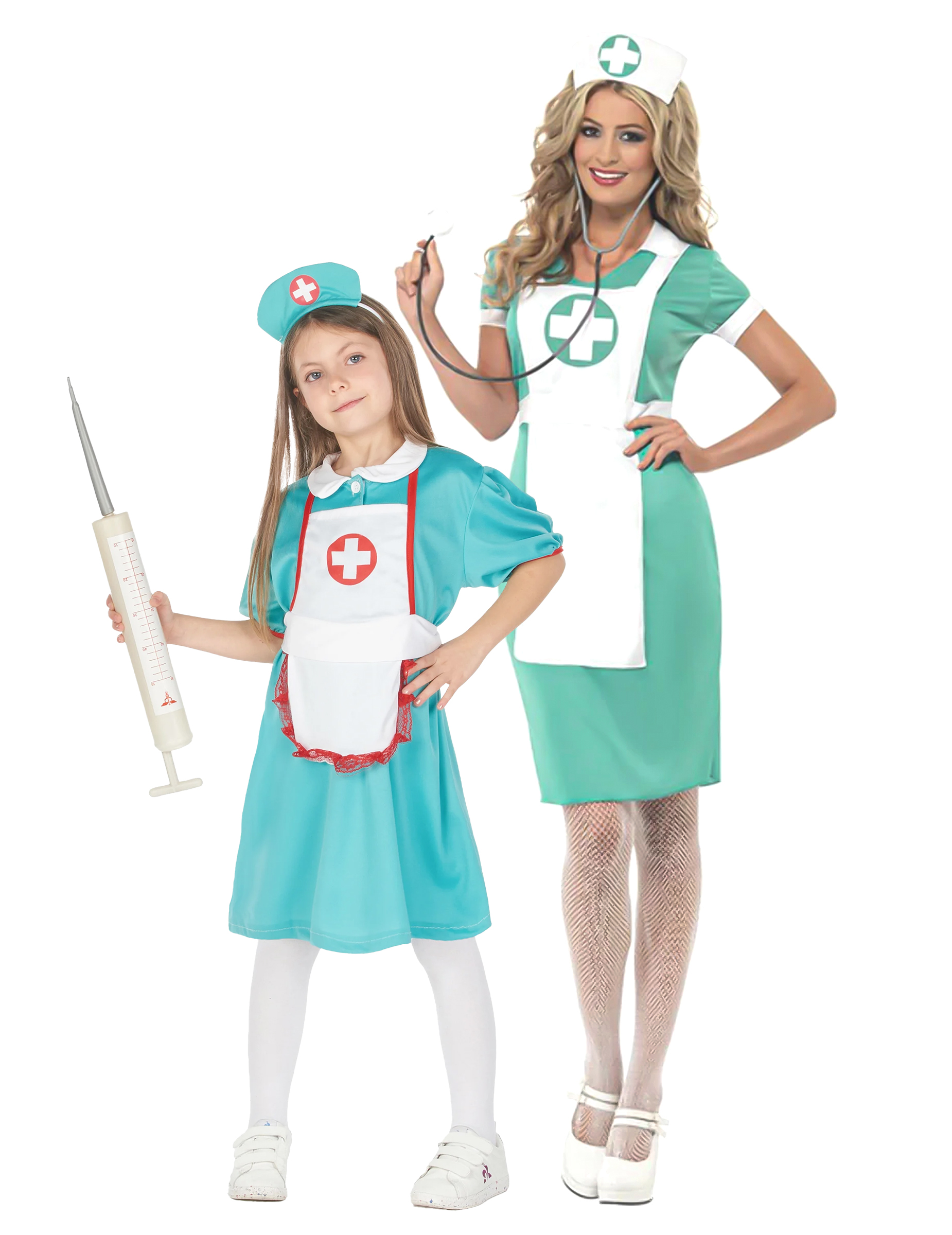 Krankenschwester-Paarkostüm Mutter-Tochter grün-weiss-rot