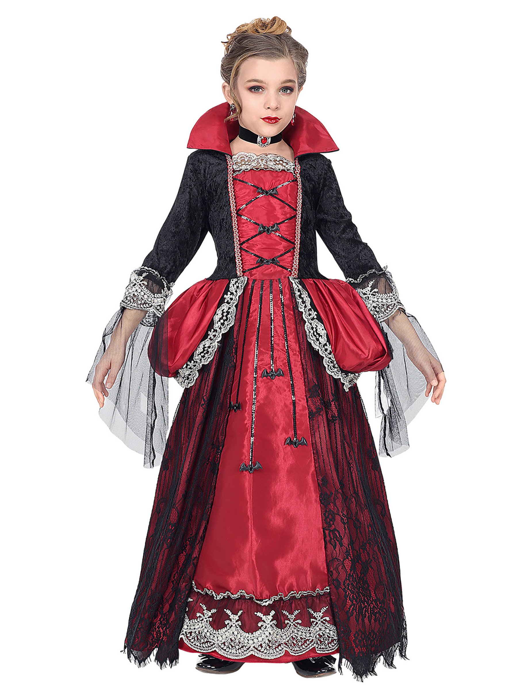 Schickes Vampirgräfin-Kostüm für Mädchen Halloweenkostüm schwarz-rot-silber