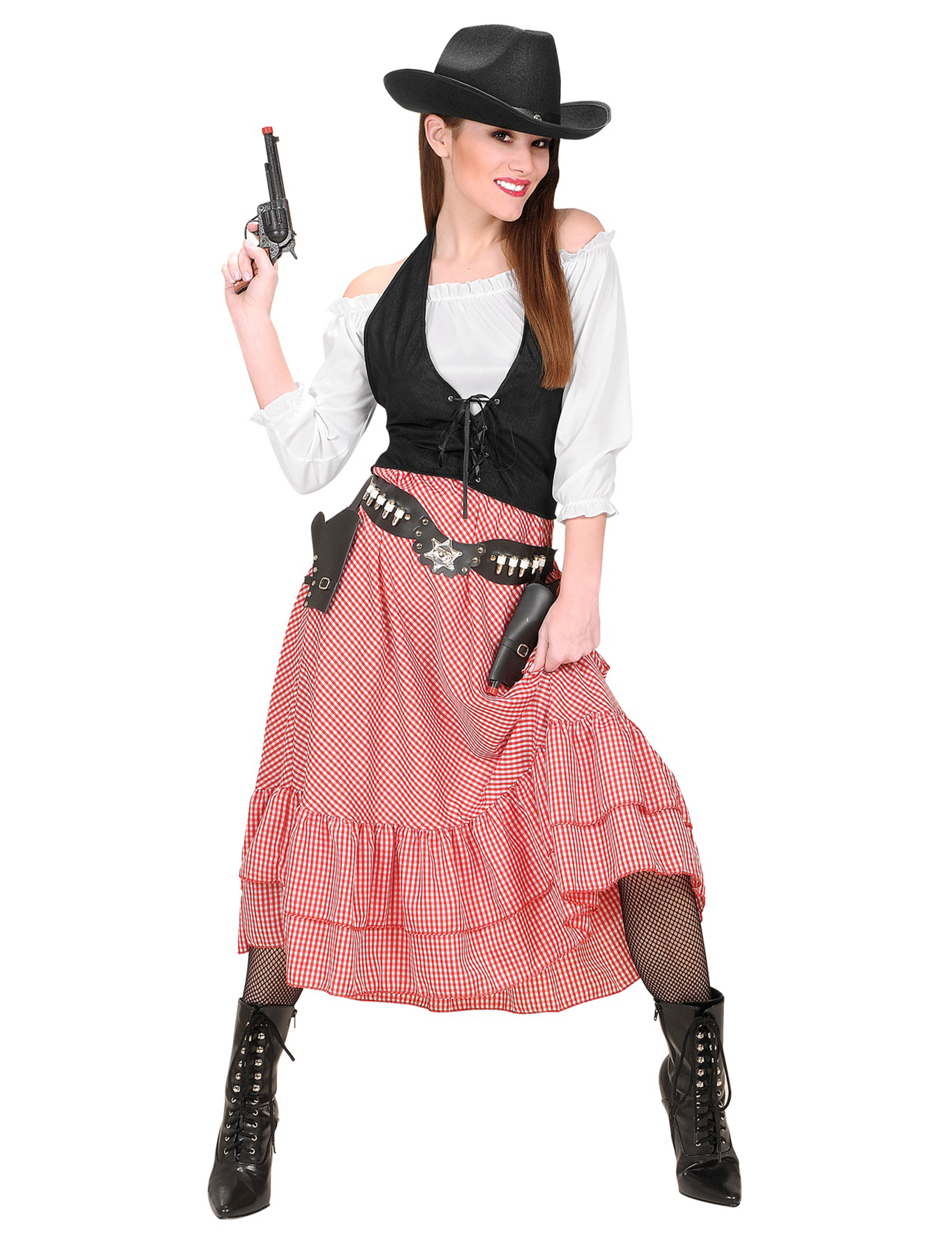 Wildwest Damenkostüm Cowgirl weiss-schwarz-rot