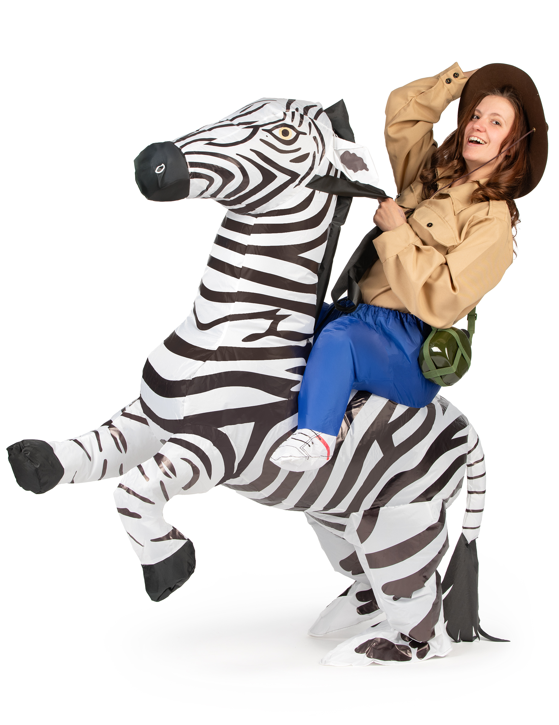 Aufblasbares Zebra Huckepack Kostüm weiss-schwarz