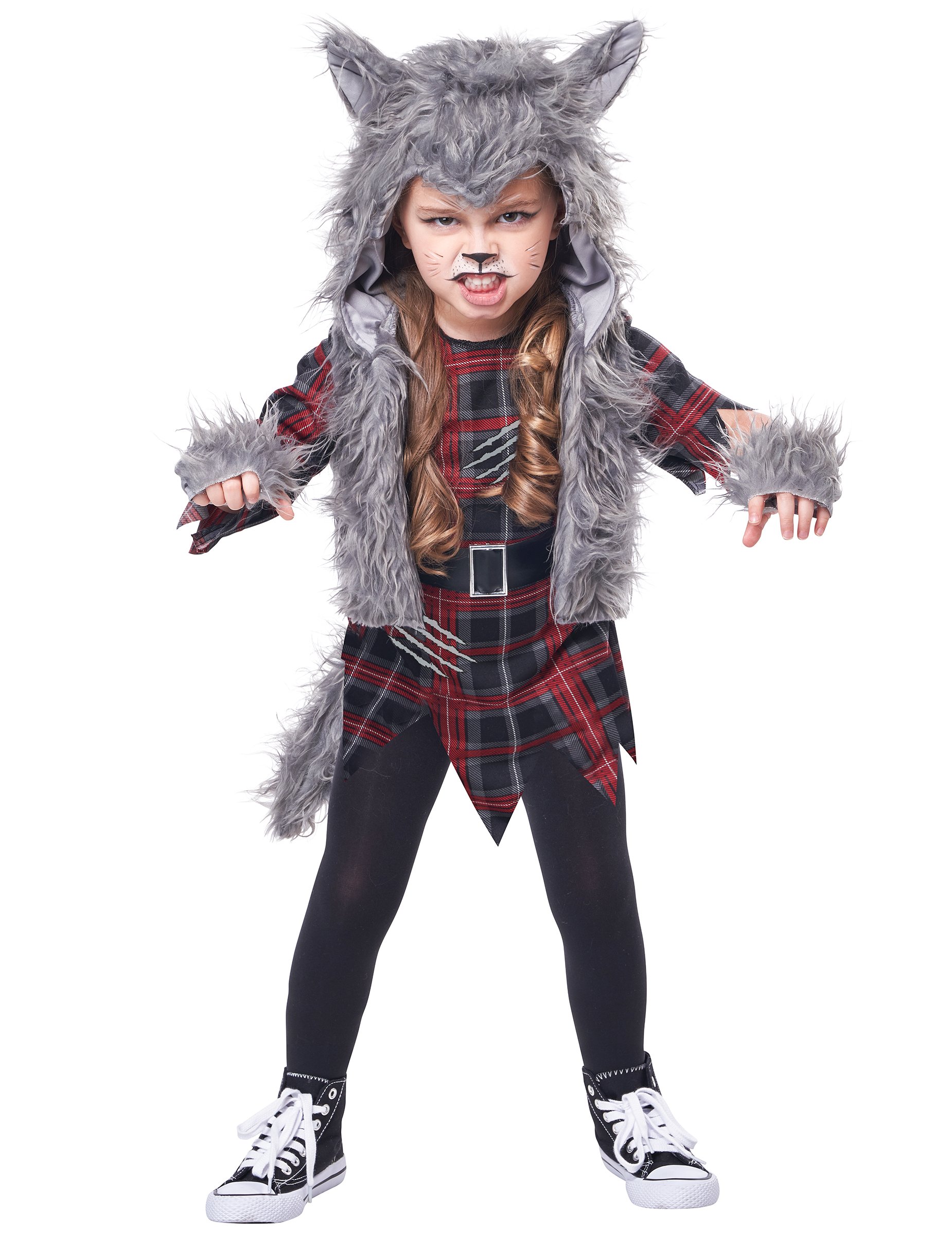 Schauriges Werwolf-Kostüm für Mädchen Halloween-Kostüm grau-rot-schwarz