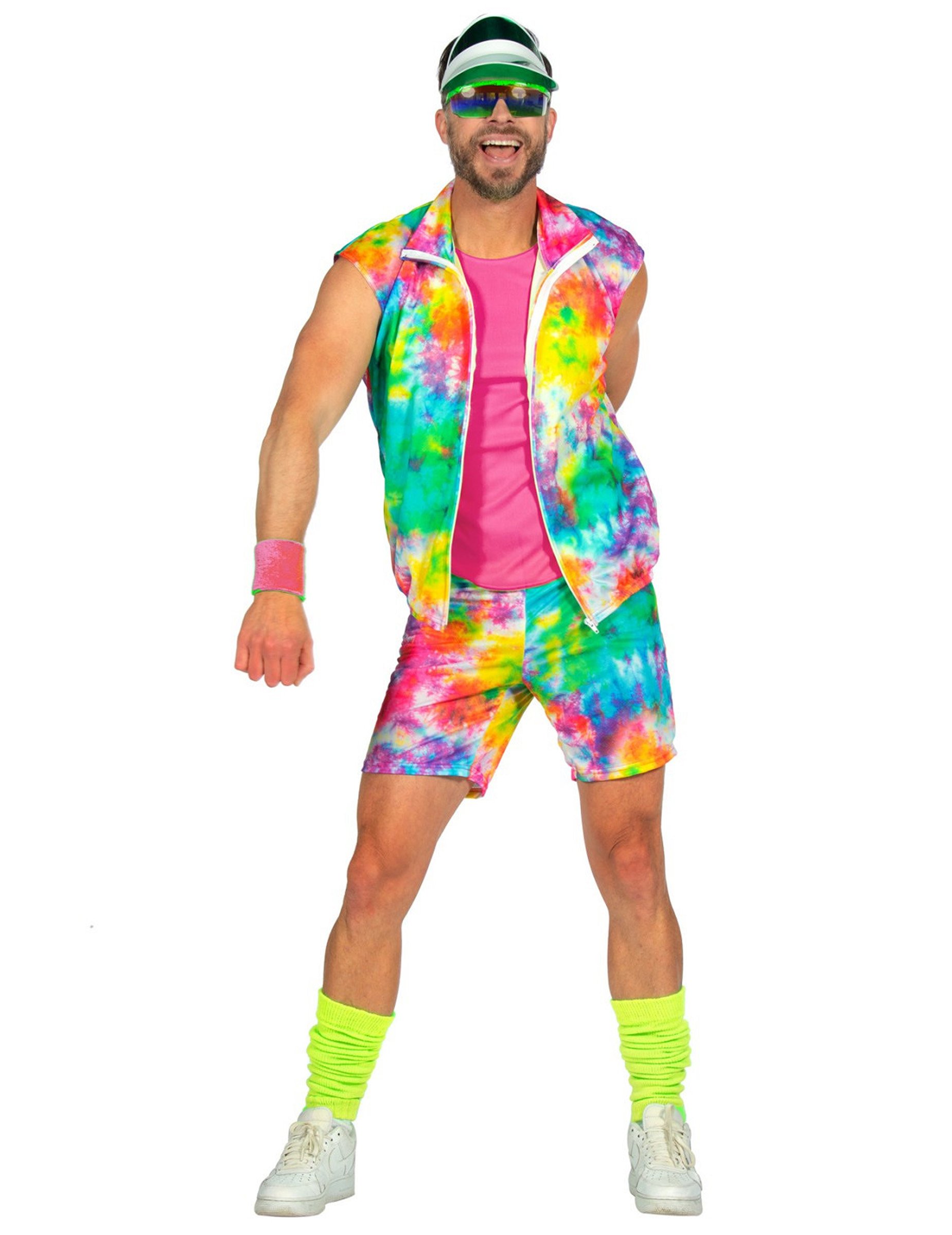 80er Jahre Aerobic Kostüm für Herren Buntes Neon Tie Dye Outfit